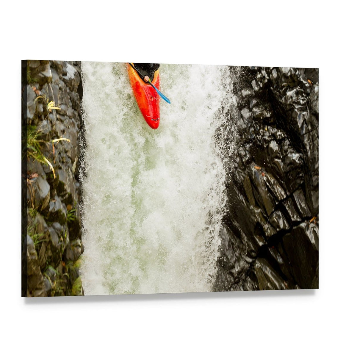 Adventurous Kayaker Navigating Waterfall Canvas Wall Art, single panel gallery wrapped canvas, angled product view