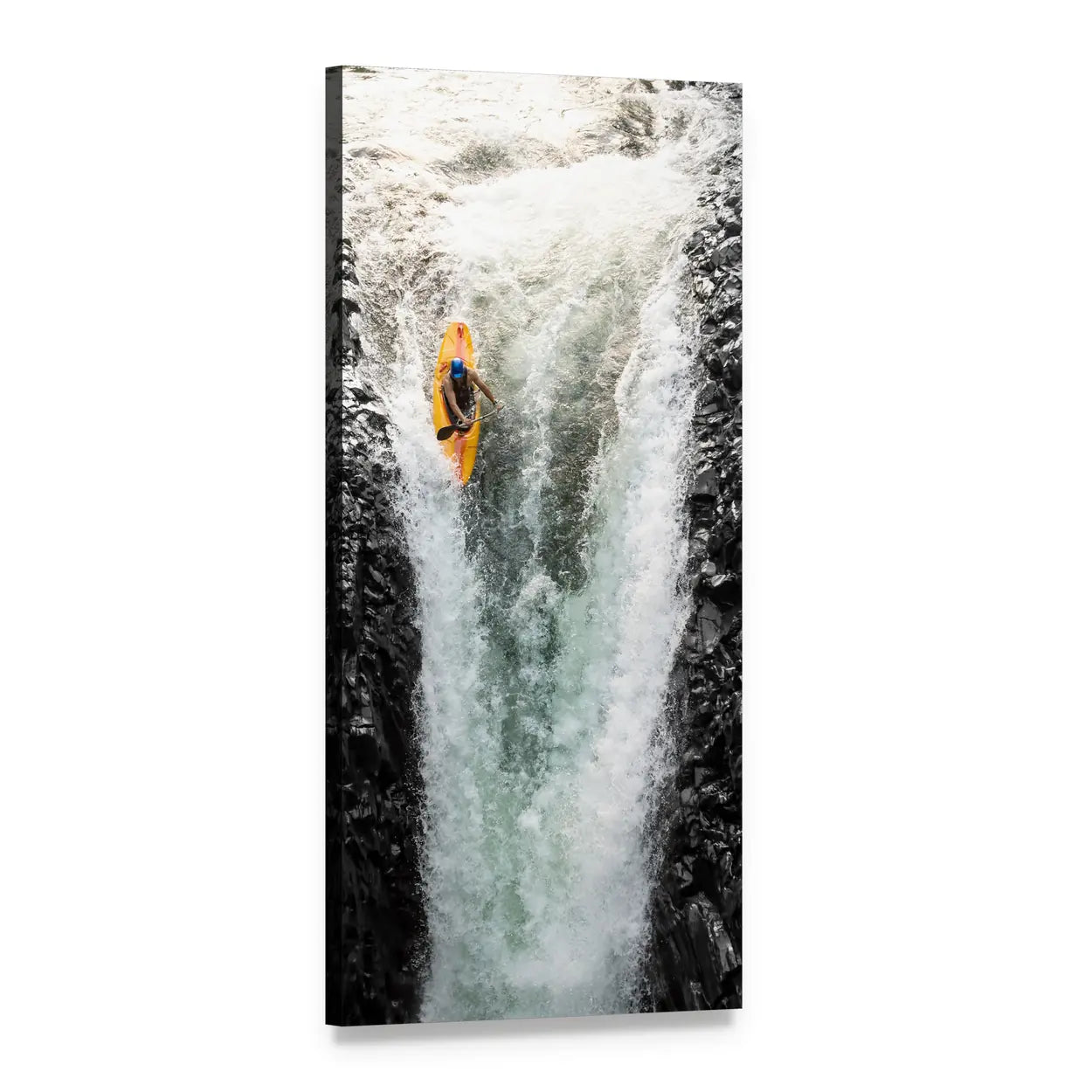 Kayaker Diving Over Waterfall Vertical Canvas Wall Art, 1 panel 1 Vertical layout gallery wrapped canvas set, angled product view