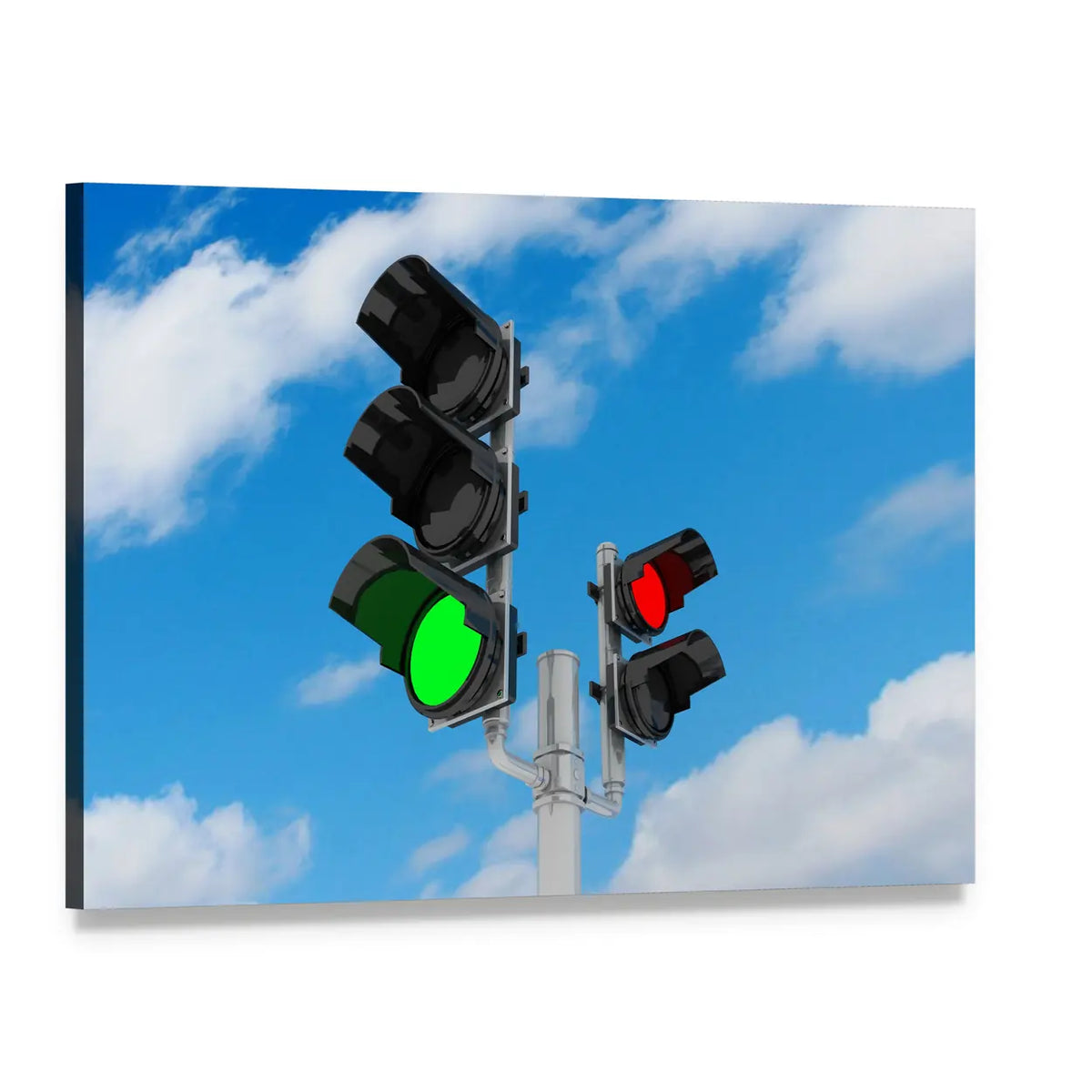 Three Traffic Lights Against Blue Sky Canvas Wall Art, single panel gallery wrapped canvas, angled product view