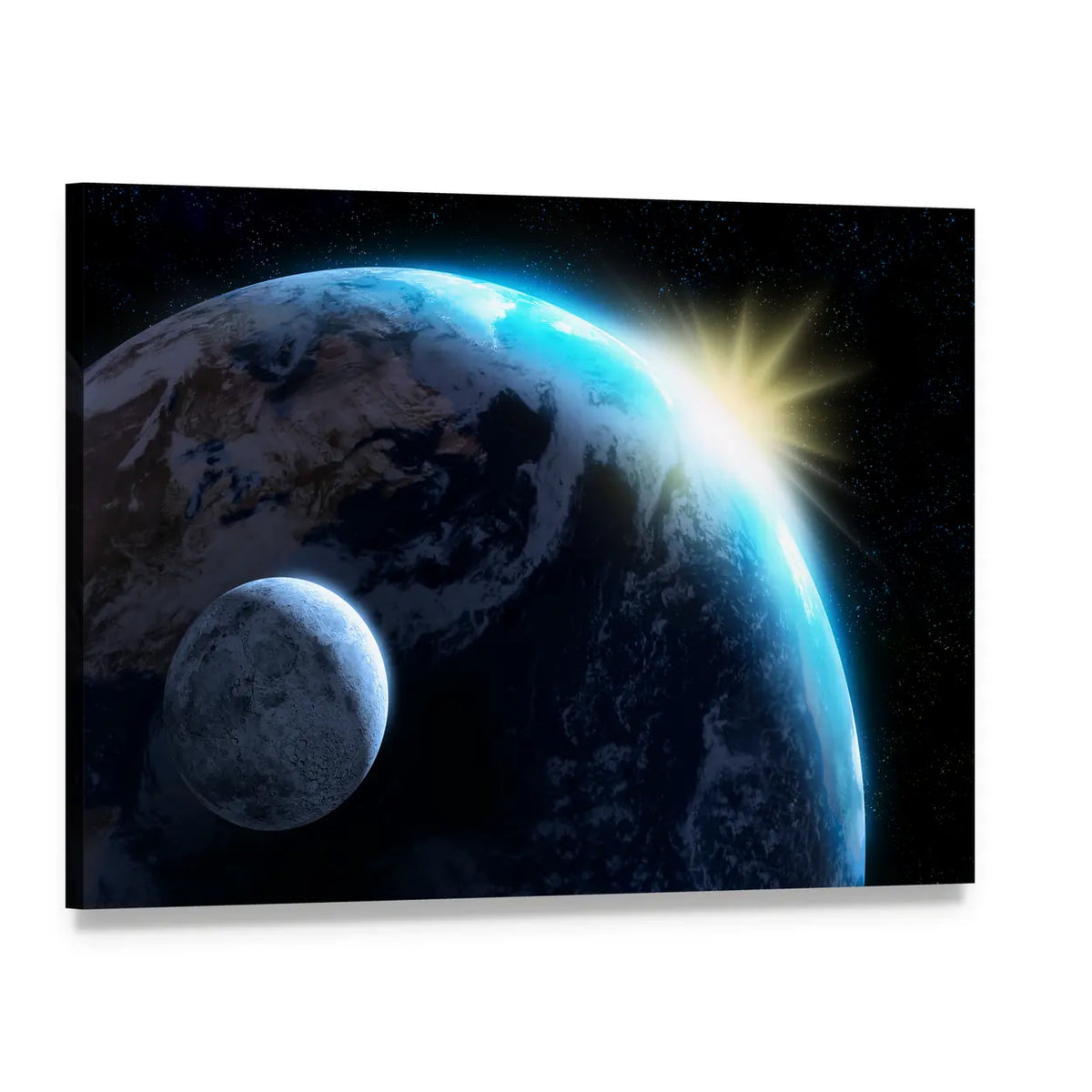 Sunrise Over Earth and Moon Canvas Wall Art, single panel gallery wrapped canvas, angled product view