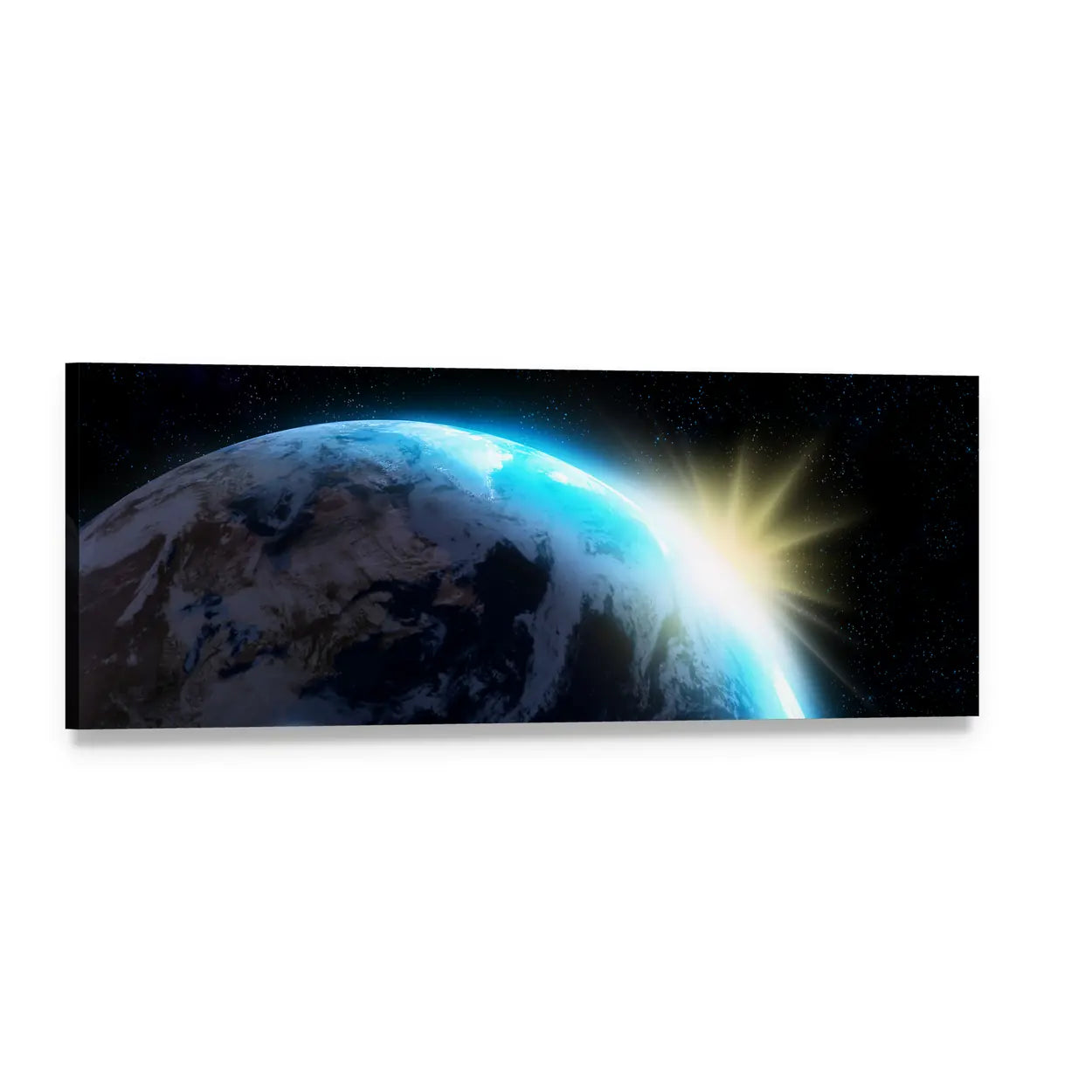 Sunrise Over Earth with Atmospheric Glow Panoramic Canvas Wall Art, single panel gallery wrapped canvas, angled product view