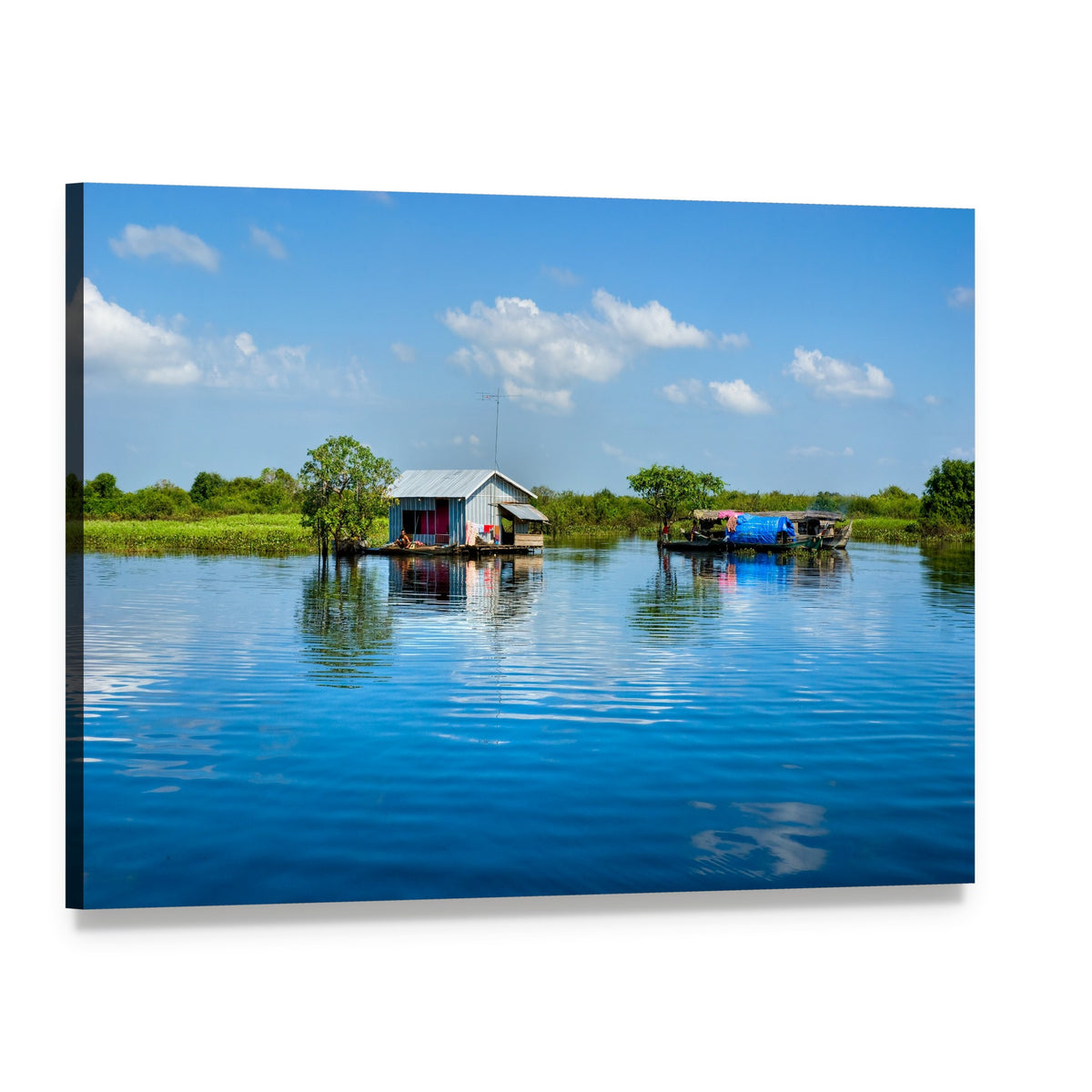 Floating House on Lake Canvas Wall Art, single panel gallery wrapped canvas, angled product view