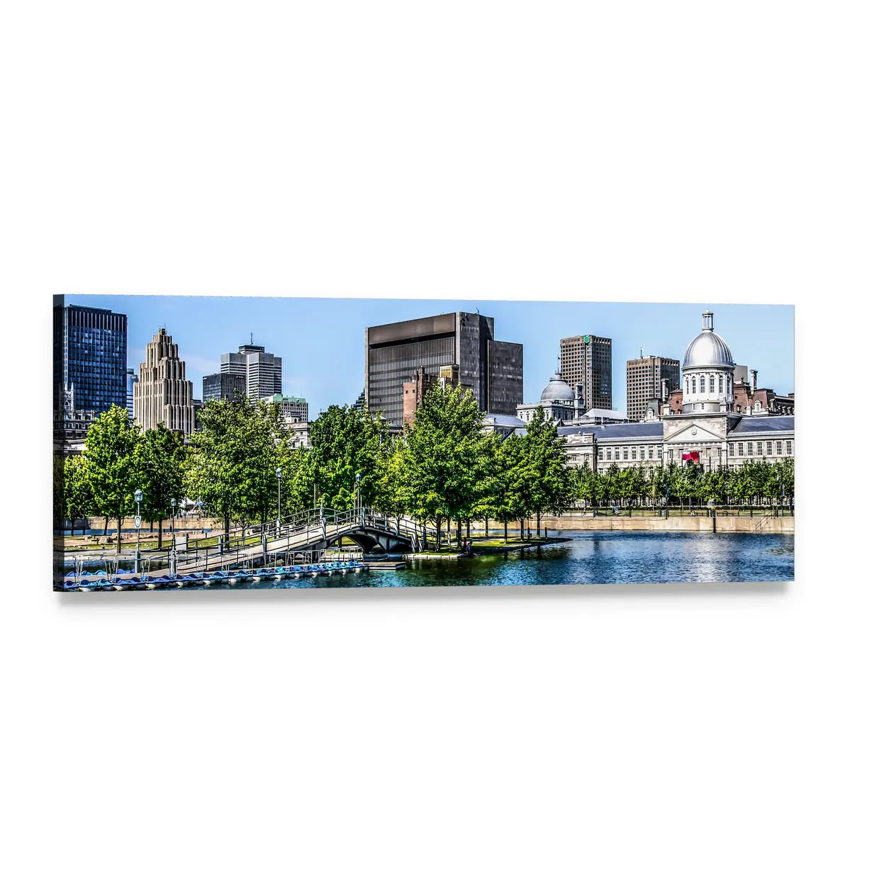 Montreal Lakefront Skyline Panoramic Canvas Wall Art, single panel gallery wrapped canvas, angled product view