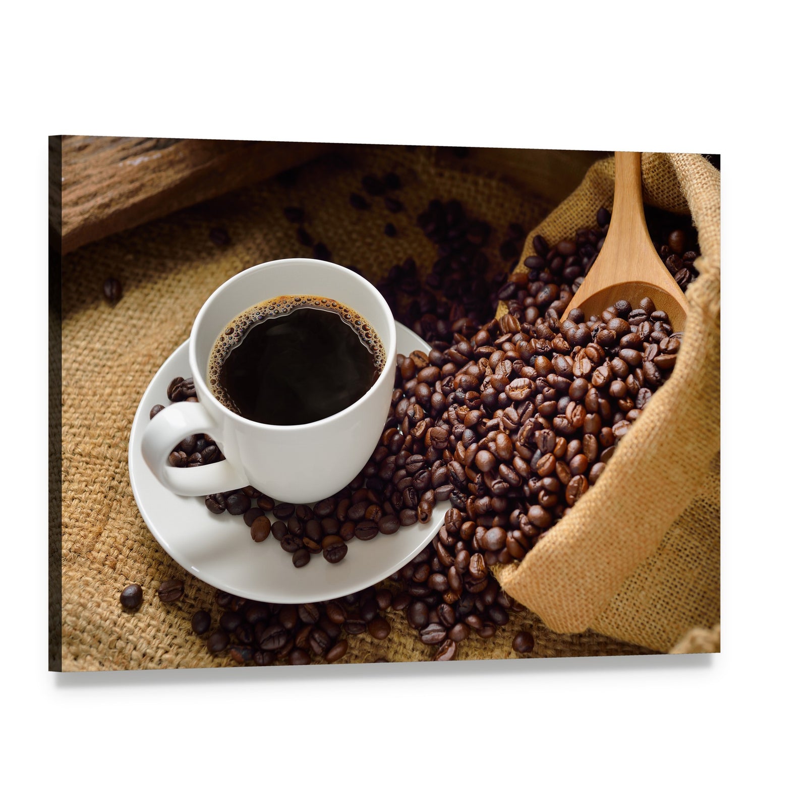 Coffee Cup and Coffee Beans Canvas Wall Art, single panel gallery wrapped canvas, angled product view