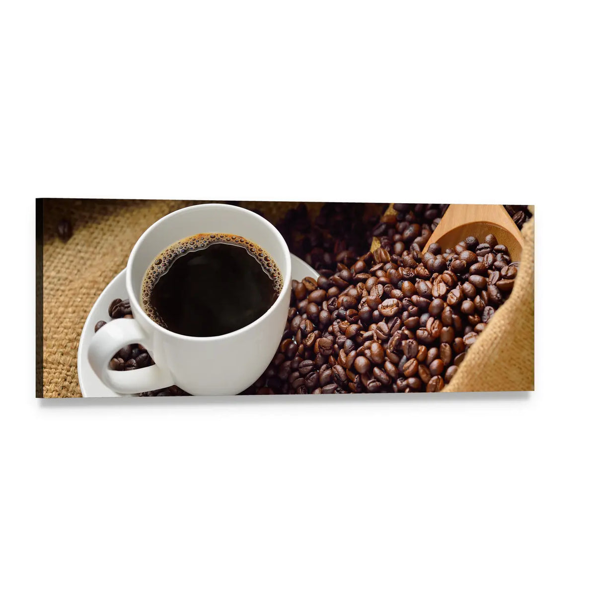 Coffee Cup and Roasted Beans Panoramic Canvas Wall Art, single panel gallery wrapped canvas, angled product view
