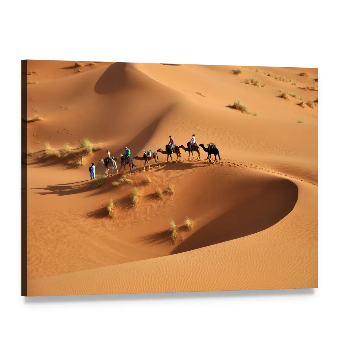 Camel Caravan Across Sahara Dunes Canvas Wall Art, single panel gallery wrapped canvas, angled product view
