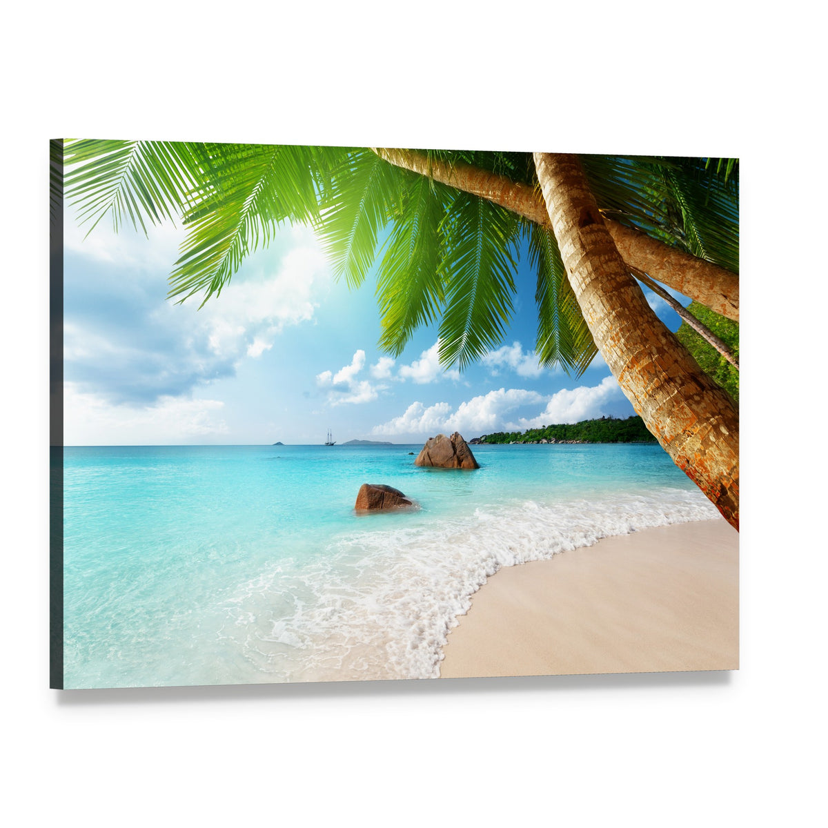 Anse Lazio Beach Seychelles Canvas Wall Art, single panel gallery wrapped canvas, angled product view