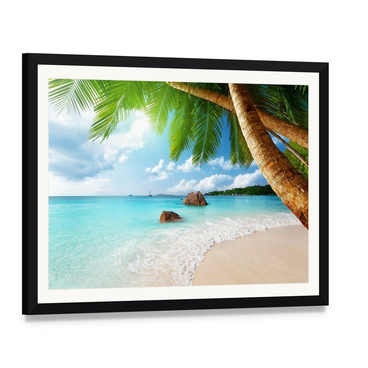 Anse Lazio Beach Seychelles Canvas Wall Art, framed print with white mat and black frame, angled product view