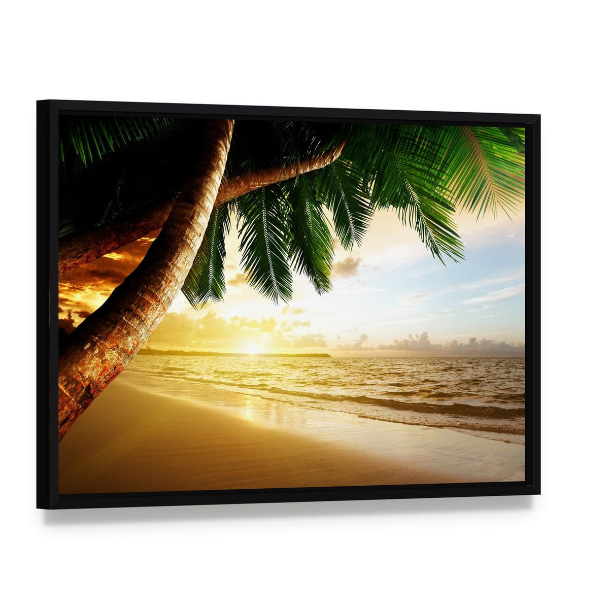 Sunrise on Caribbean Beach Canvas Wall Art, framed canvas in a black floater frame, angled product view