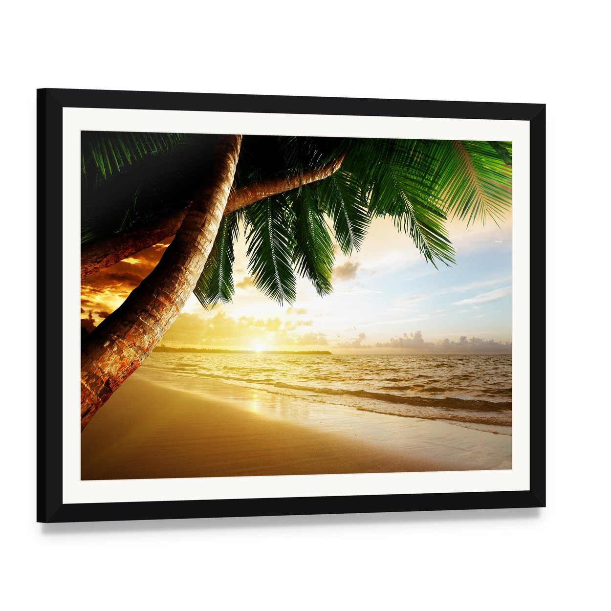 Sunrise on Caribbean Beach Canvas Wall Art, framed print with white mat and black frame, angled product view