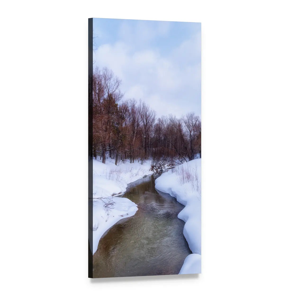 River Surrounded by Snow Vertical Canvas Wall Art, 1 panel 1 Vertical layout gallery wrapped canvas set, angled product view
