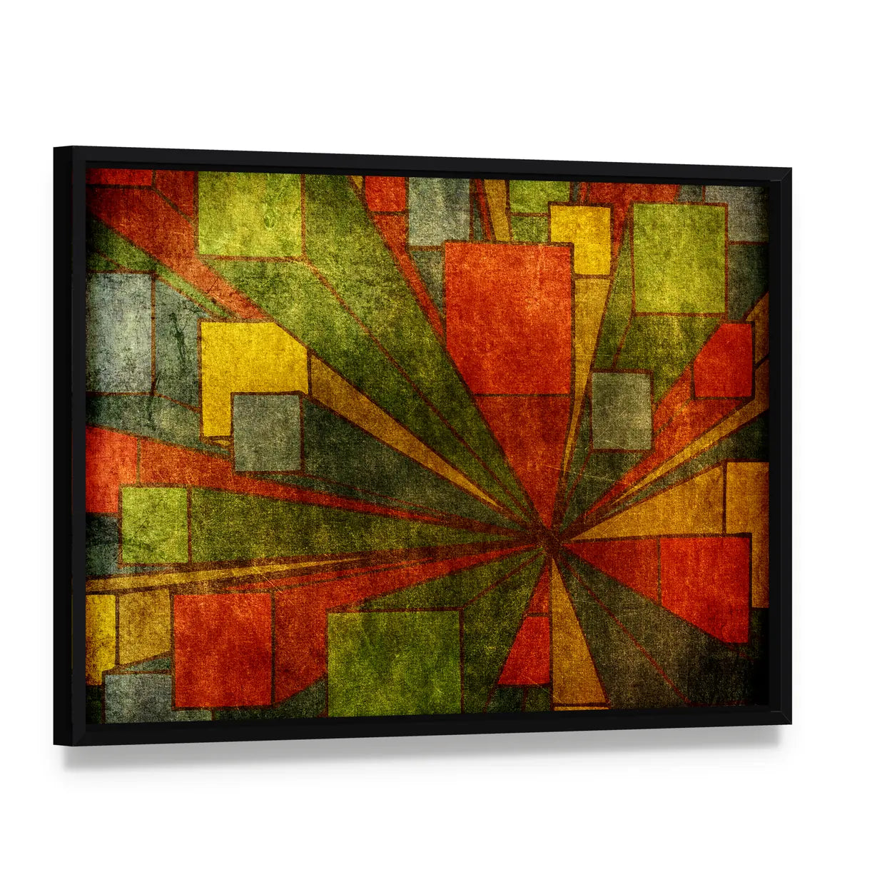 Grunge Geometric Radial Abstract Canvas Wall Art, framed canvas in a black floater frame, angled product view