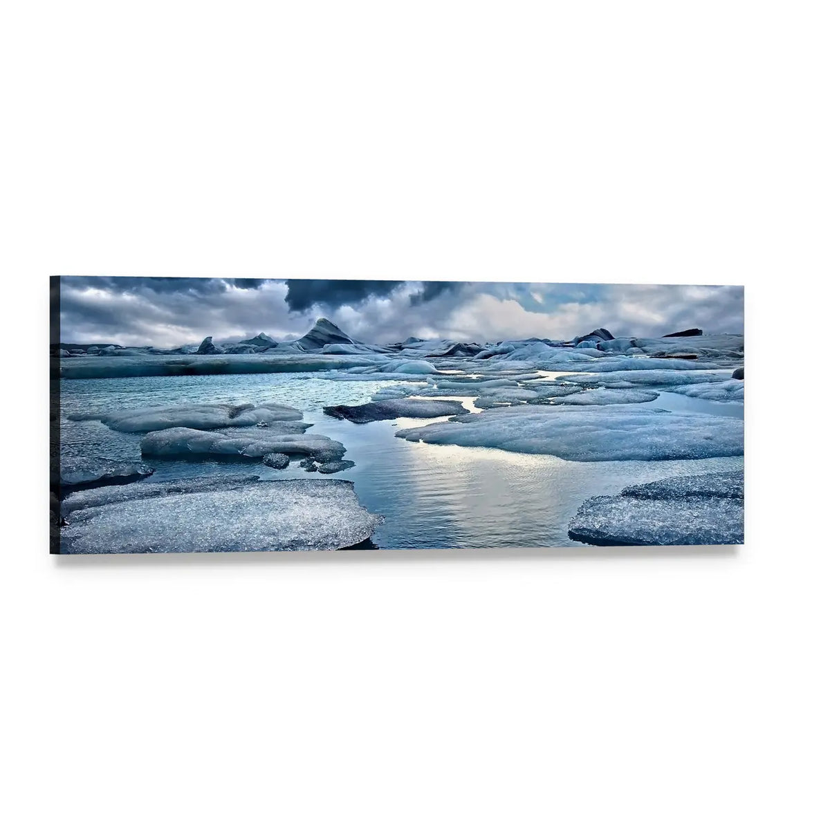 Glacial Icebergs and Reflective Water Pools Panoramic Canvas Wall Art, single panel gallery wrapped canvas, angled product view