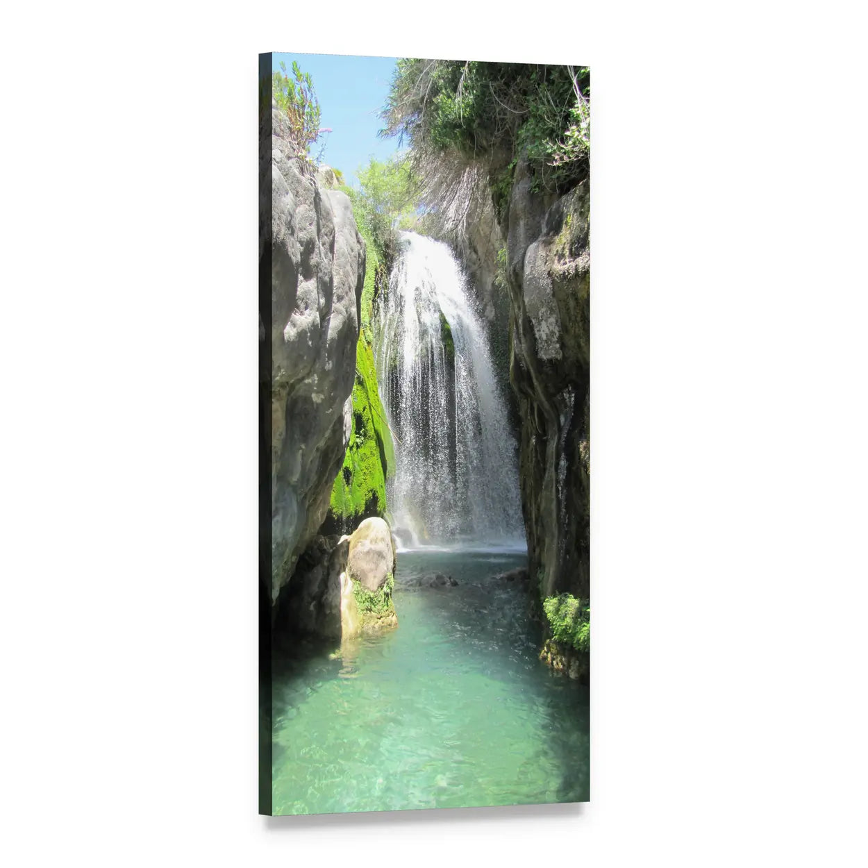 Waterfall Among Mossy Rocks Vertical Canvas Wall Art, 1 panel 1 Vertical layout gallery wrapped canvas set, angled product view