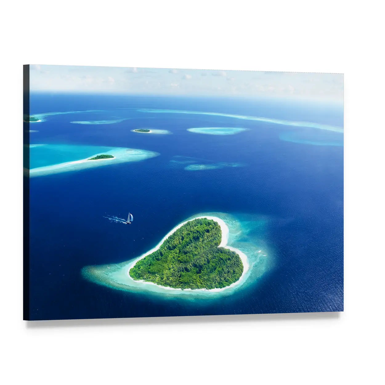 Heart-shaped Tropical Island Canvas Wall Art, single panel gallery wrapped canvas, angled product view