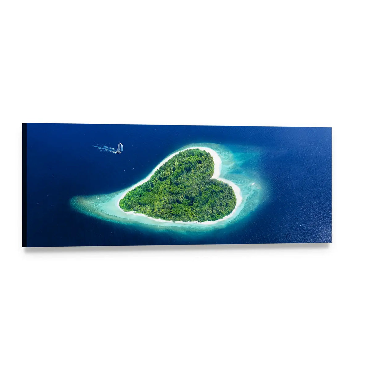 Heart-shaped Island Over Turquoise Water Panoramic Canvas Wall Art, single panel gallery wrapped canvas, angled product view