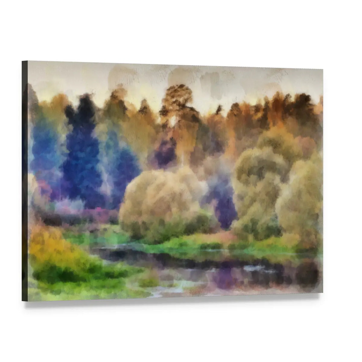 Autumn Watercolor Forest with River Canvas Wall Art, single panel gallery wrapped canvas, angled product view