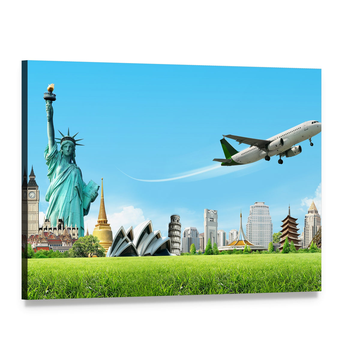 Travel the World Landmarks Montage Canvas Wall Art, single panel gallery wrapped canvas, angled product view