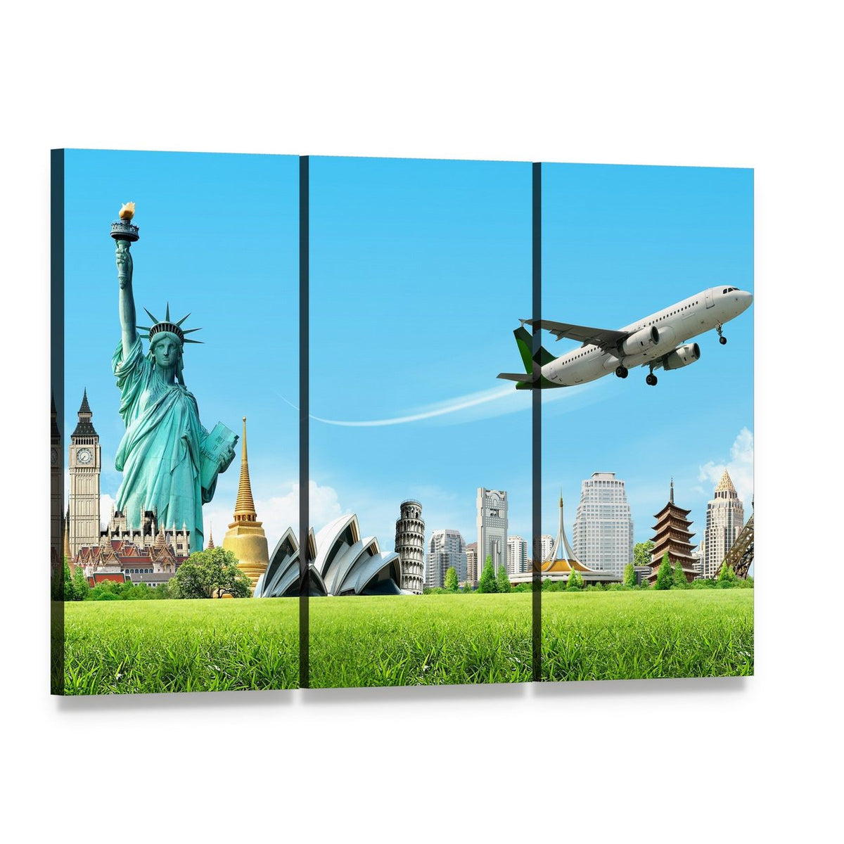 Travel the World Landmarks Montage Canvas Wall Art, 3 panel 3 Horizontal layout gallery wrapped canvas set, angled product view