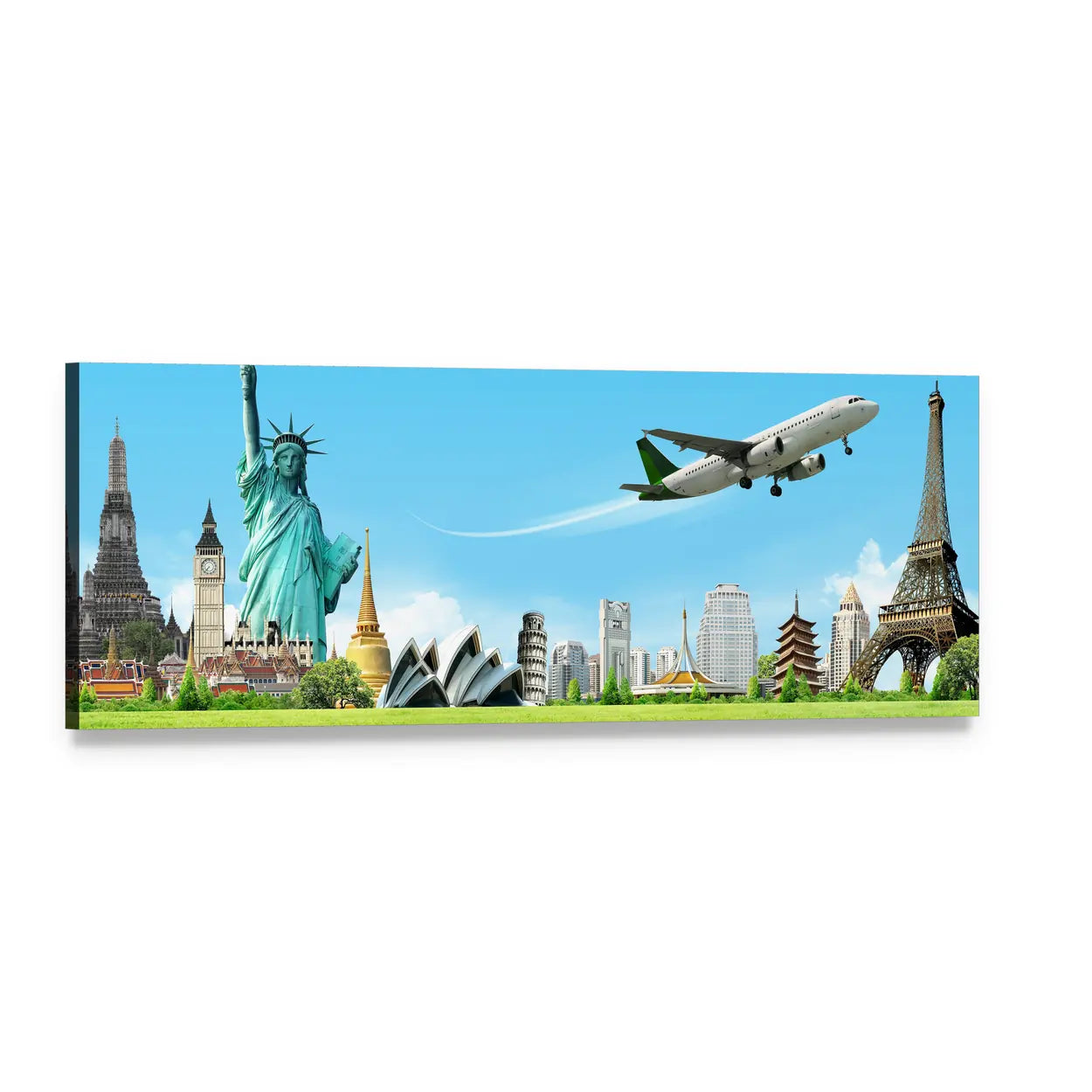 World Landmarks Travel Collage Panoramic Canvas Wall Art, single panel gallery wrapped canvas, angled product view