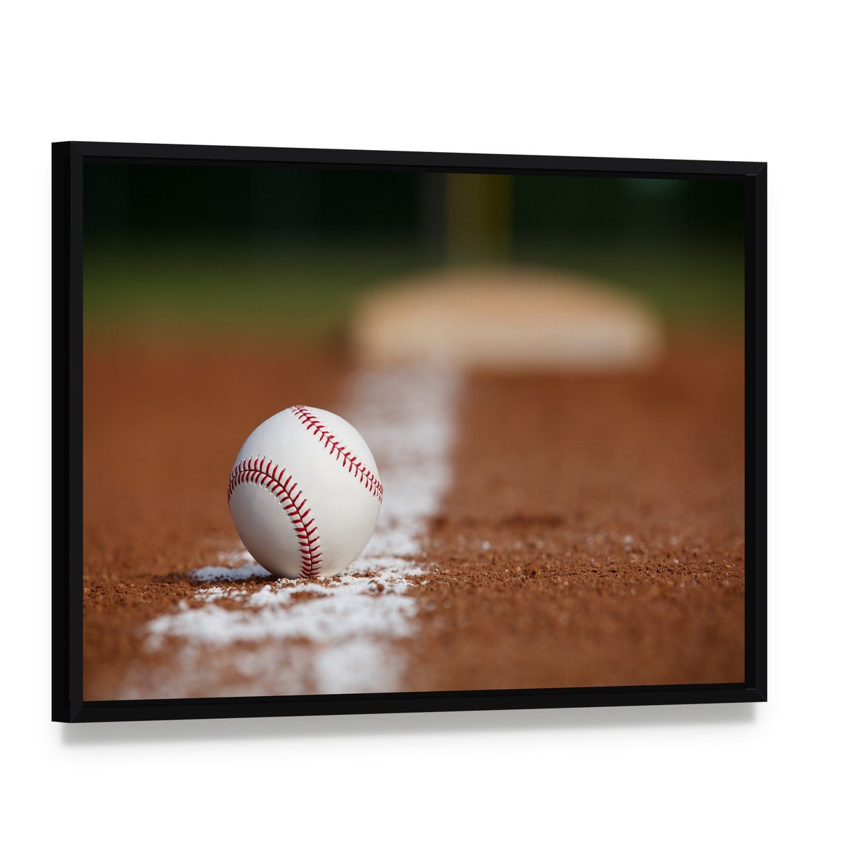 Baseball on Chalk Line Canvas Wall Art, framed canvas in a black floater frame, angled product view