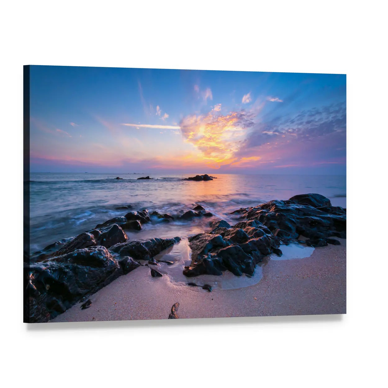 Golden Hour Coastal Rocks Seascape Canvas Wall Art, single panel gallery wrapped canvas, angled product view