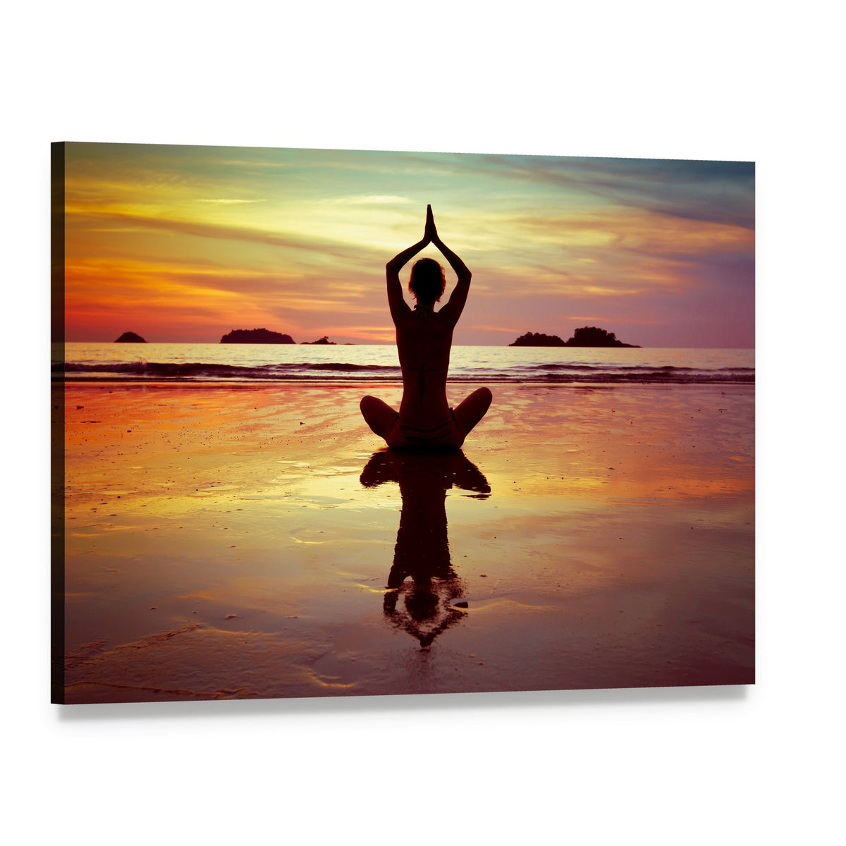 Yoga on the Beach Canvas Wall Art, single panel gallery wrapped canvas, angled product view