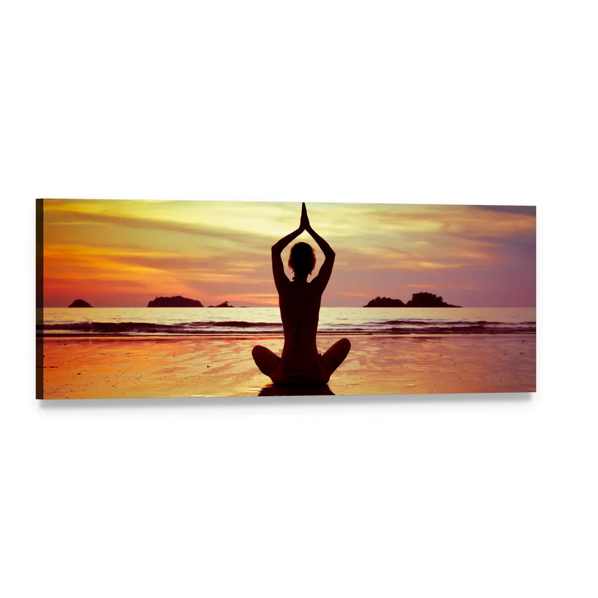 Beach Yoga at Sunset Panoramic Canvas Wall Art, single panel gallery wrapped canvas, angled product view