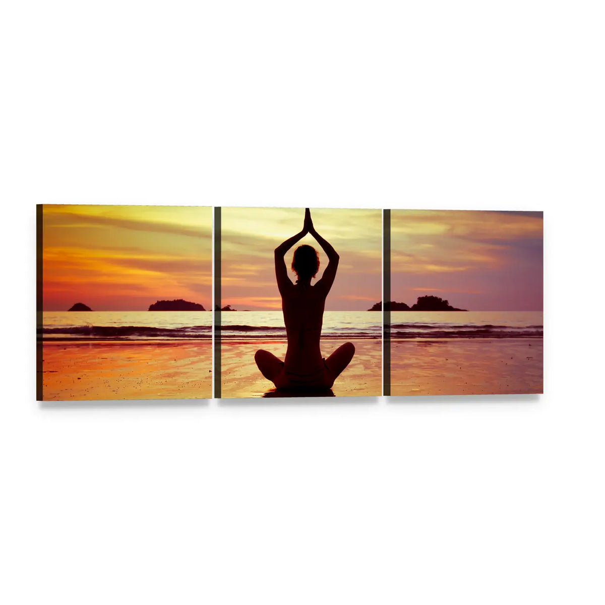 Beach Yoga at Sunset Panoramic Canvas Wall Art, 3 panel 3 Piece layout gallery wrapped canvas set, angled product view