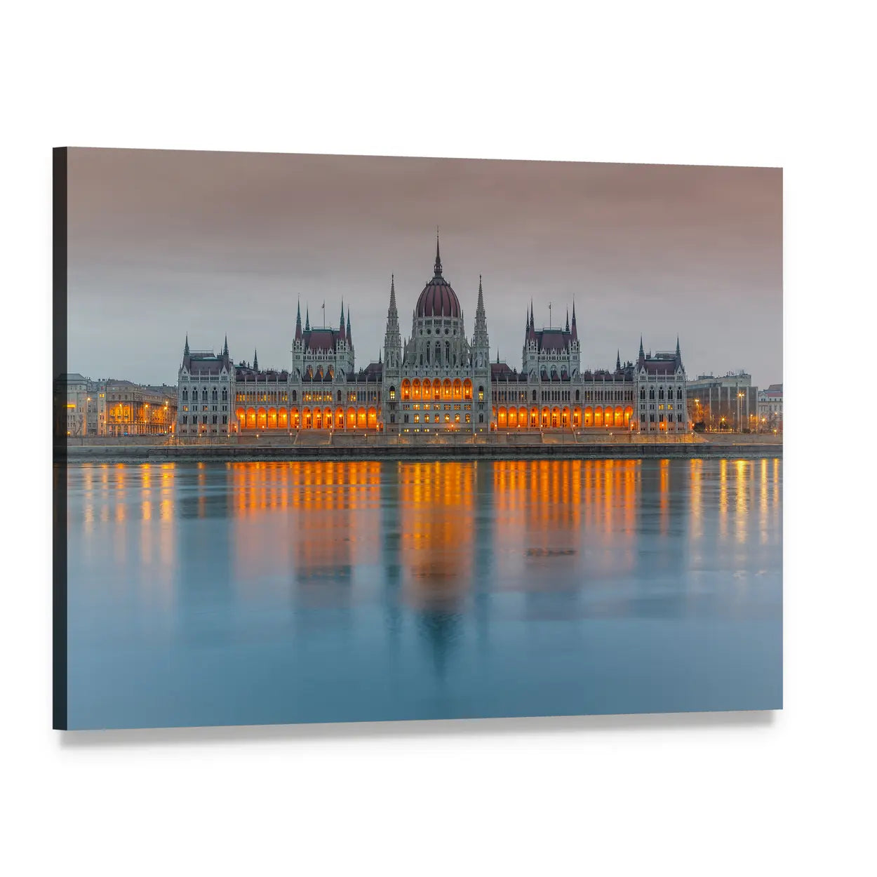 Budapest Parliament at Dusk Canvas Wall Art, single panel gallery wrapped canvas, angled product view