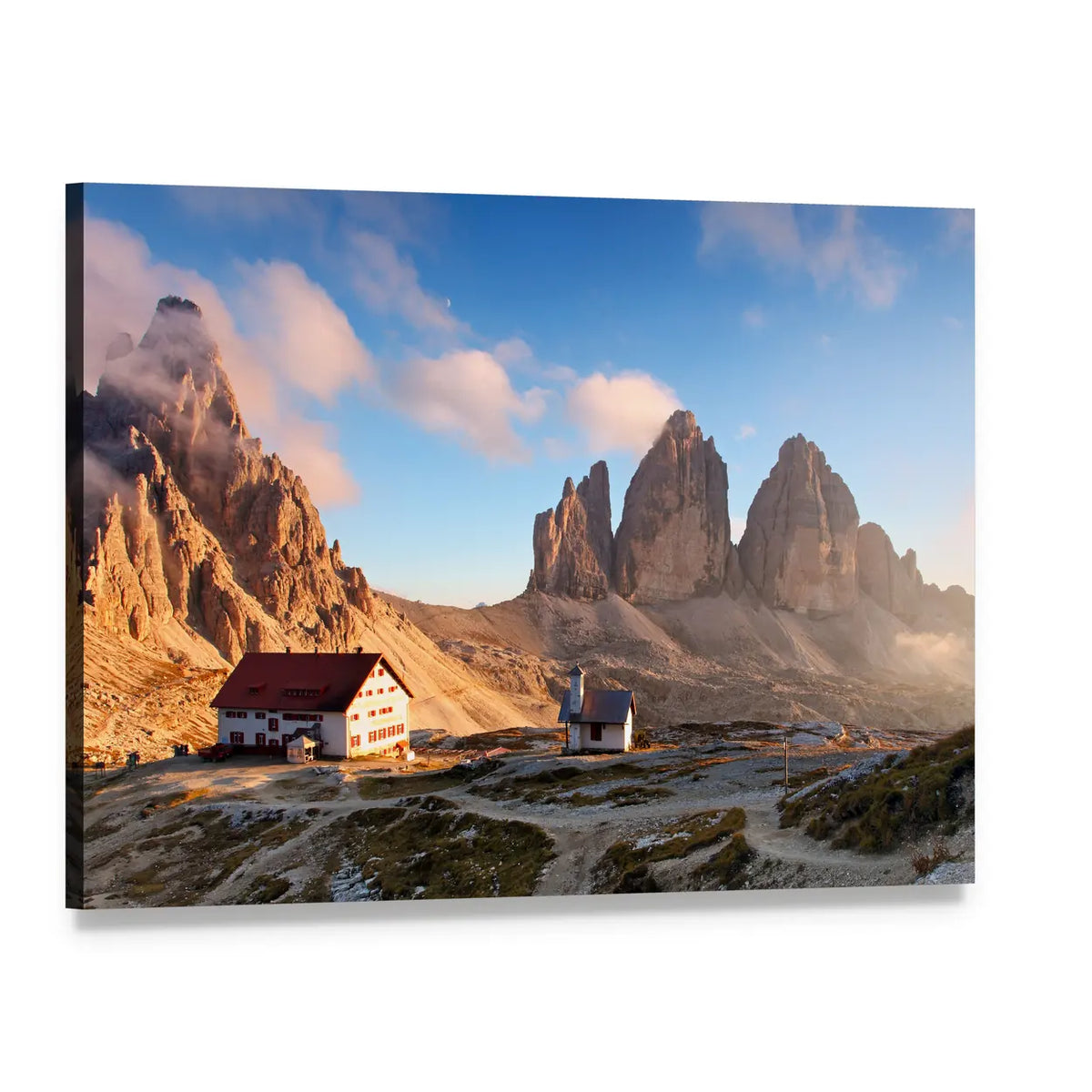 Dolomites Sunset with Alpine Huts Canvas Wall Art, single panel gallery wrapped canvas, angled product view