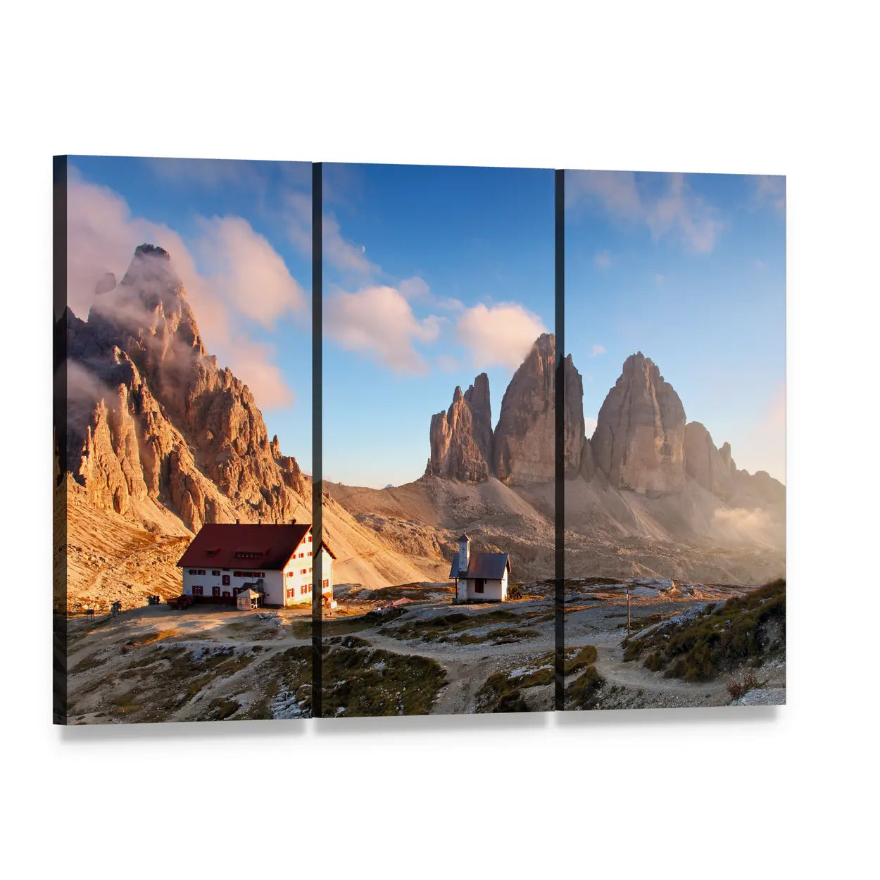 Dolomites Sunset with Alpine Huts Canvas Wall Art, 3 panel 3 Horizontal layout gallery wrapped canvas set, angled product view