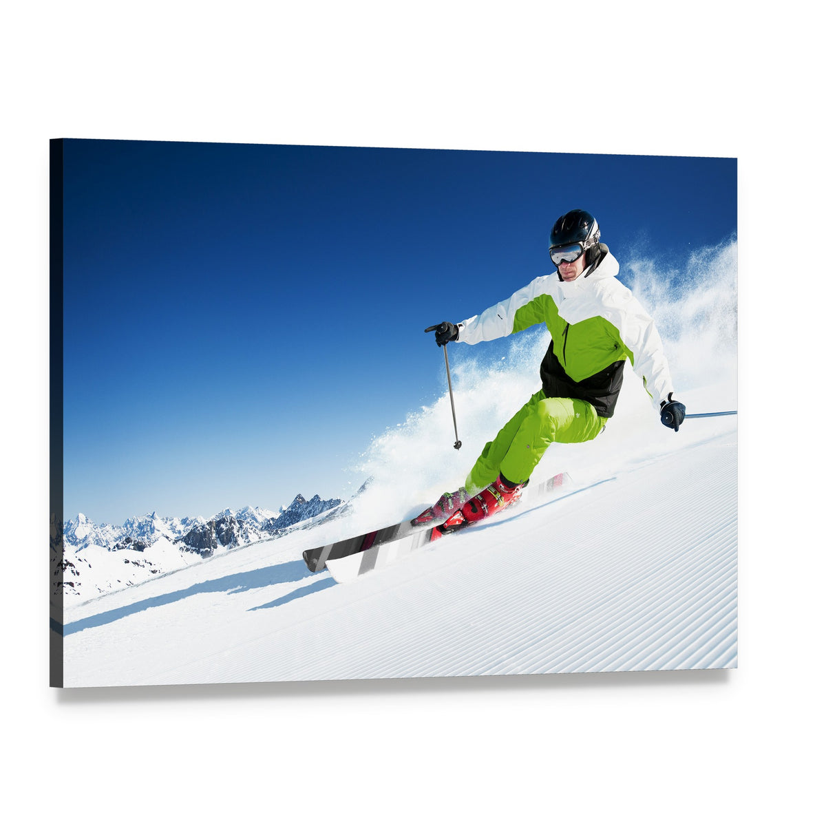 Skier in Snowy Mountains Canvas Wall Art, single panel gallery wrapped canvas, angled product view