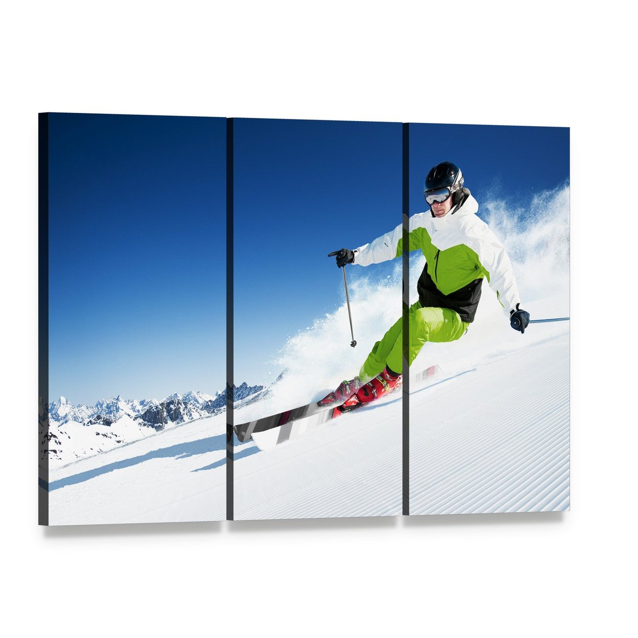 Skier in Snowy Mountains Canvas Wall Art, 3 panel 3 Horizontal layout gallery wrapped canvas set, angled product view