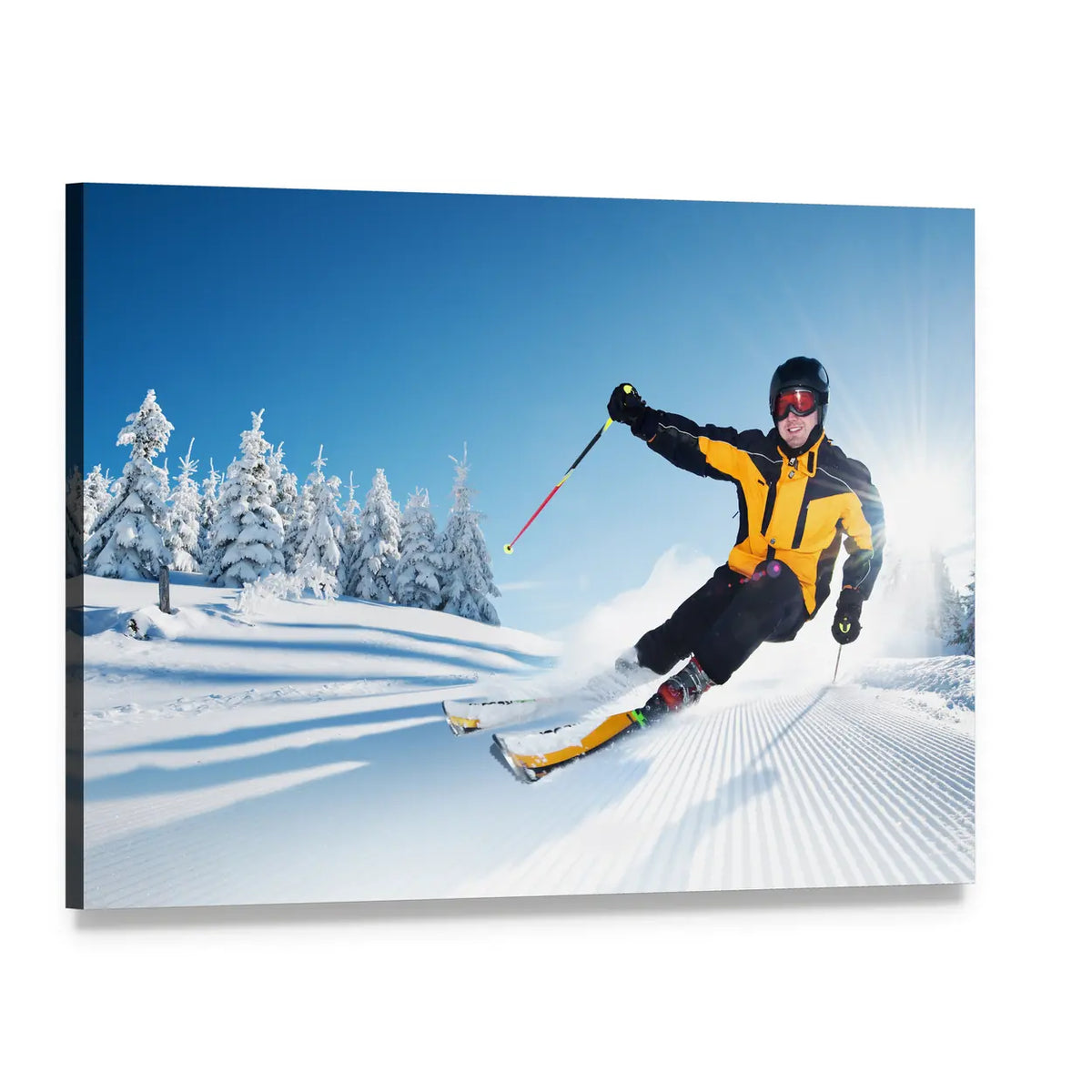 Skier in Mountains Canvas Wall Art, single panel gallery wrapped canvas, angled product view