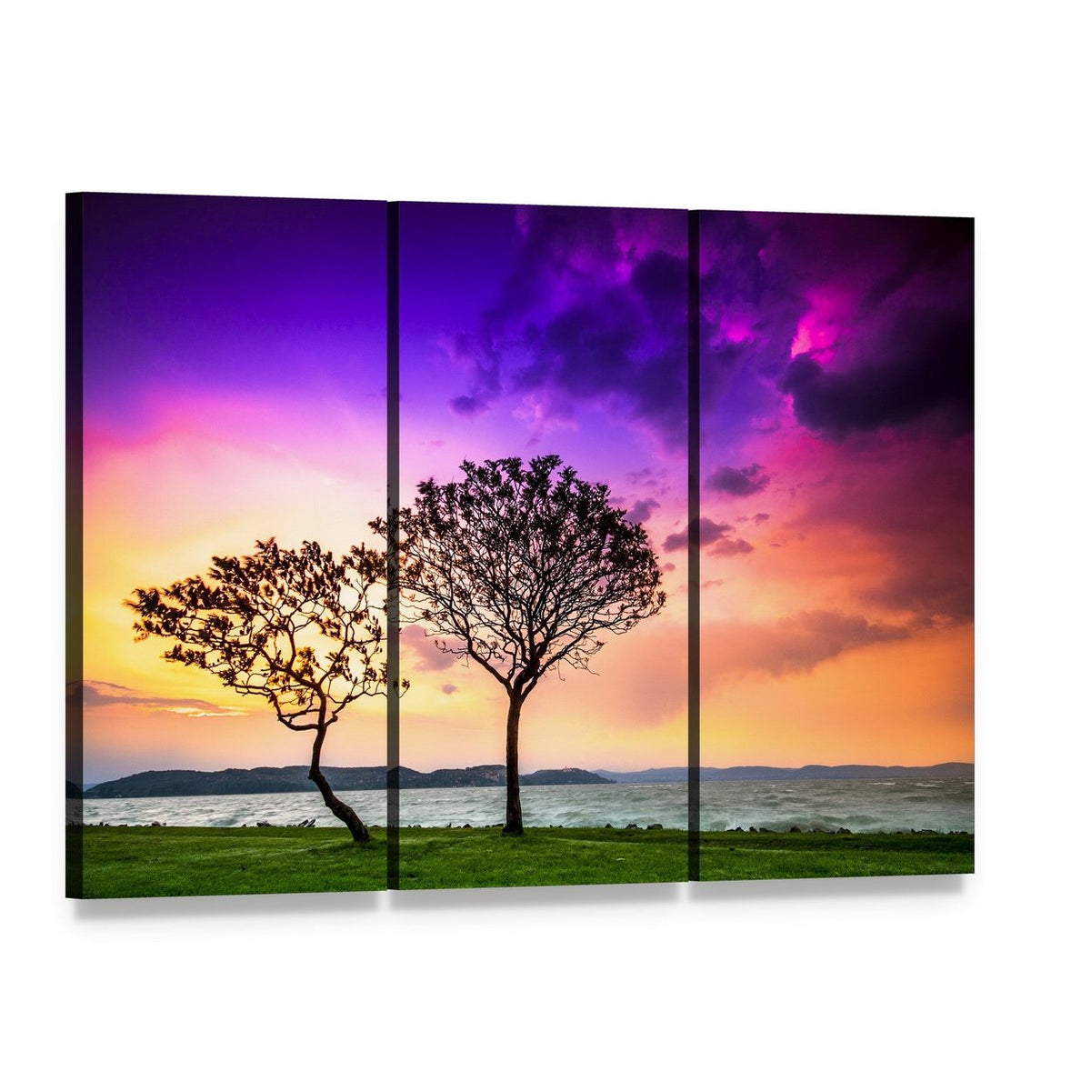 Sunset at Lake Balaton with Two Silhouetted Trees Canvas Wall Art, 3 panel 3 Horizontal layout gallery wrapped canvas set, angled product view