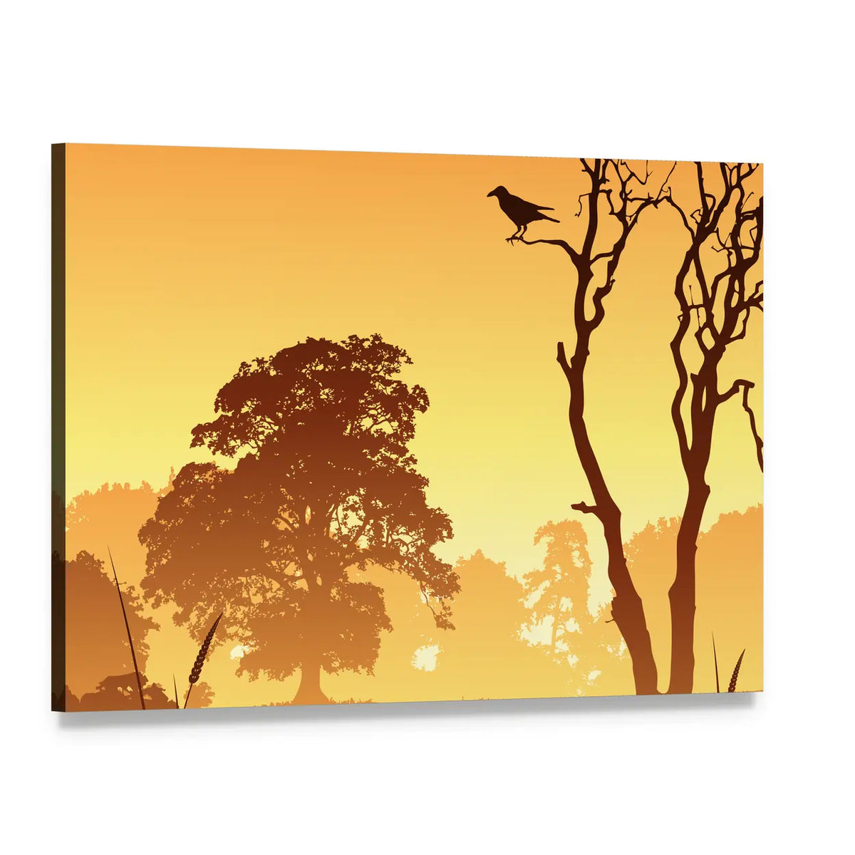 Country Meadow with Trees and Perched Bird Canvas Wall Art, single panel gallery wrapped canvas, angled product view