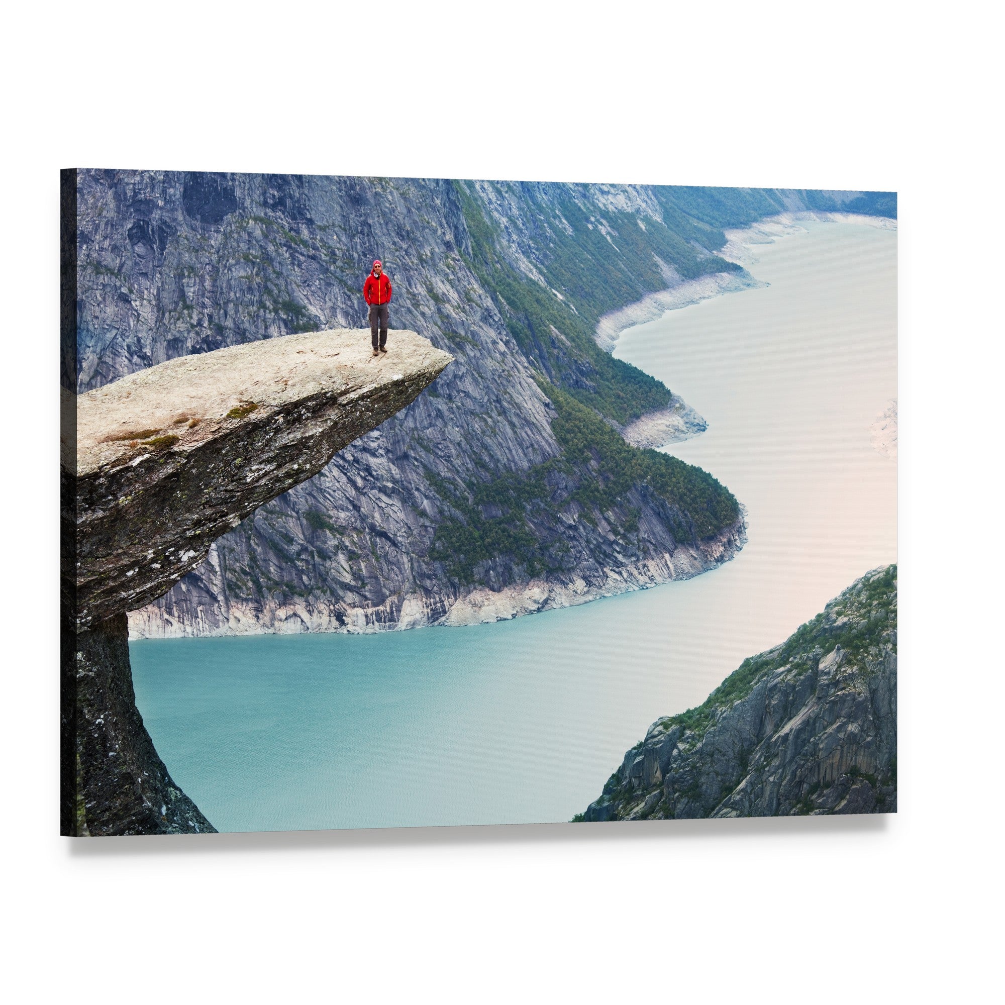 Person on Trolltunga Rockledge Canvas Wall Art, single panel gallery wrapped canvas, angled product view
