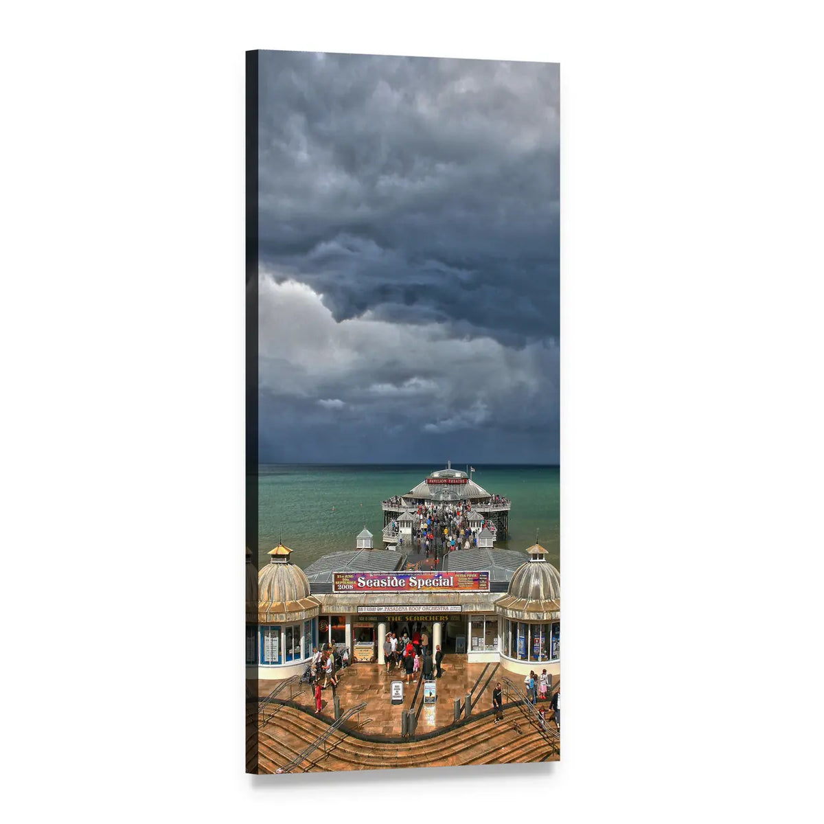 Crowded Seaside Pier on Overcast Summer Day Vertical Canvas Wall Art, 1 panel 1 Vertical layout gallery wrapped canvas set, angled product view