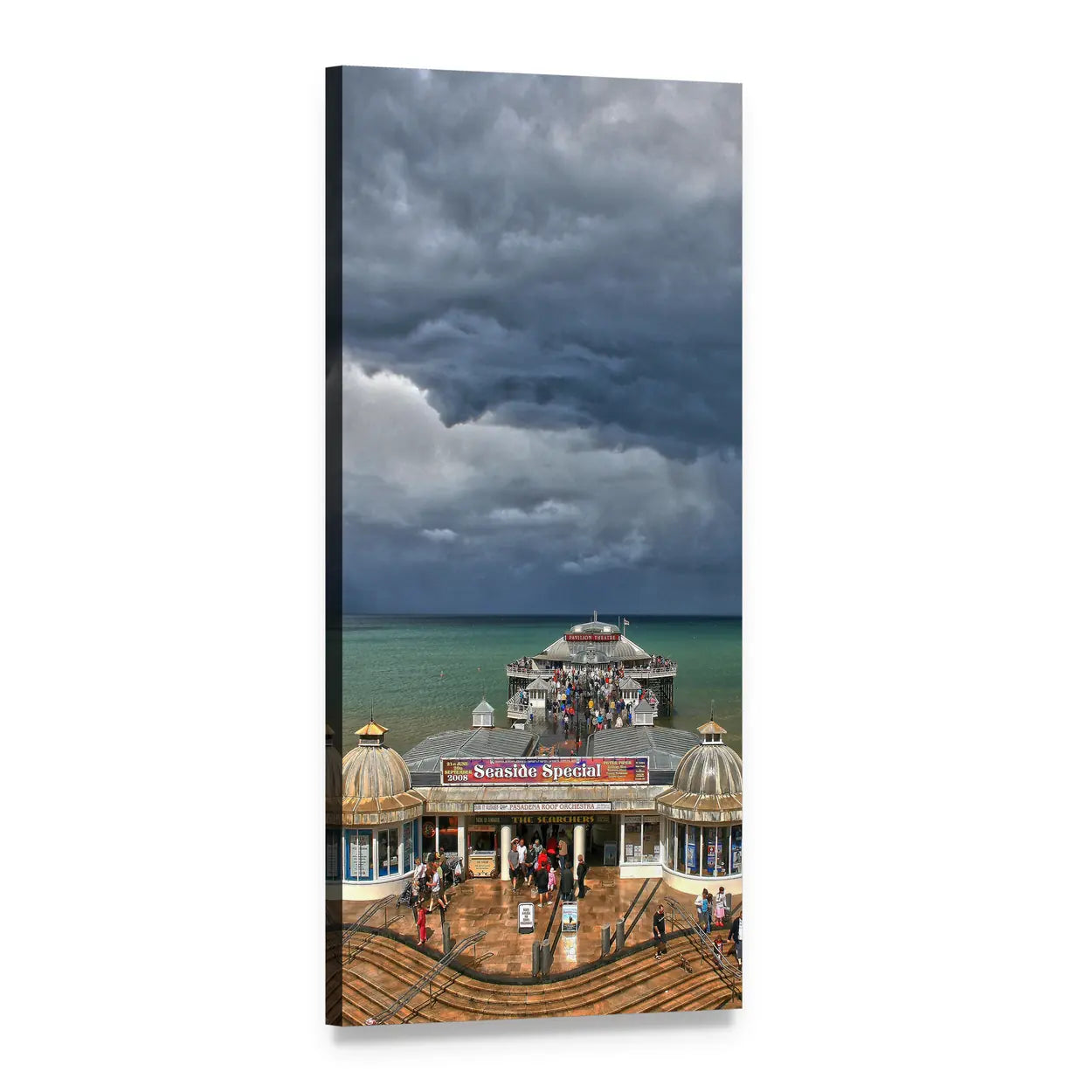 Crowded Seaside Pier on Overcast Summer Day Vertical Canvas Wall Art, 1 panel 1 Vertical layout gallery wrapped canvas set, angled product view