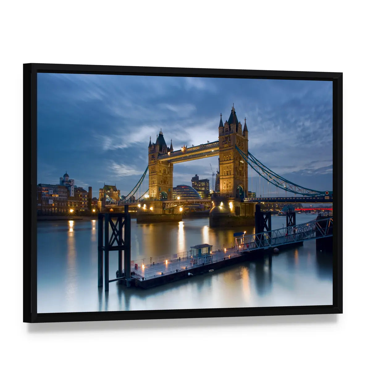 Tower Bridge on the River Thames Canvas Wall Art, framed canvas in a black floater frame, angled product view