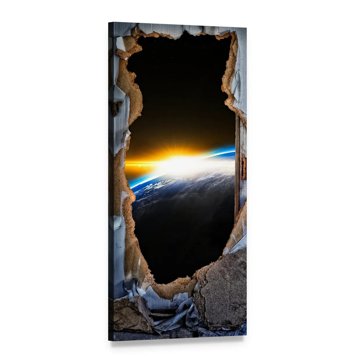 Sunrise Over Earth Through a Tear Vertical Canvas Wall Art, 1 panel 1 Vertical layout gallery wrapped canvas set, angled product view