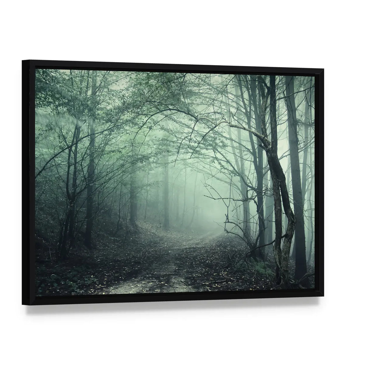 Foggy Forest Pathway Canvas Wall Art, framed canvas in a black floater frame, angled product view
