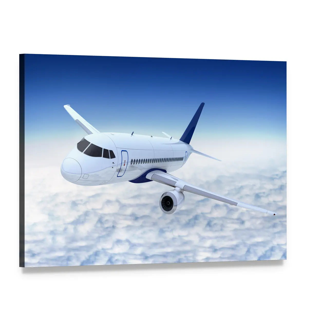 White Jet Banking Above Cumulus Clouds Canvas Wall Art, single panel gallery wrapped canvas, angled product view