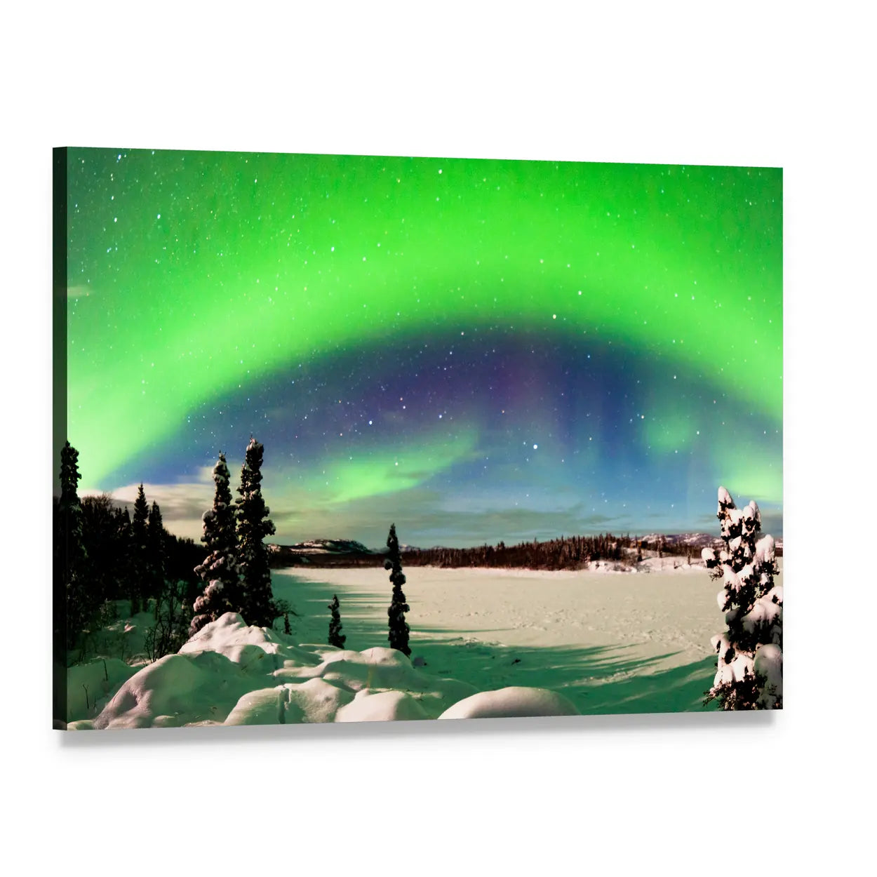 Northern Lights Over Snowy Landscape Canvas Wall Art, single panel gallery wrapped canvas, angled product view