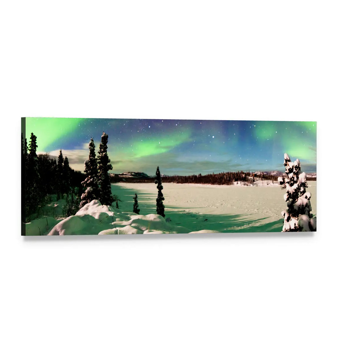 Northern Lights Over Snowy Landscape Panoramic Canvas Wall Art, single panel gallery wrapped canvas, angled product view