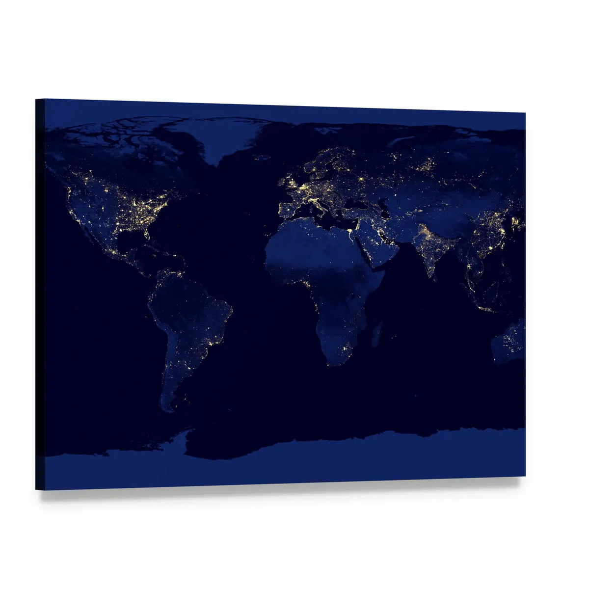World Map at Night with City Lights Canvas Wall Art, single panel gallery wrapped canvas, angled product view