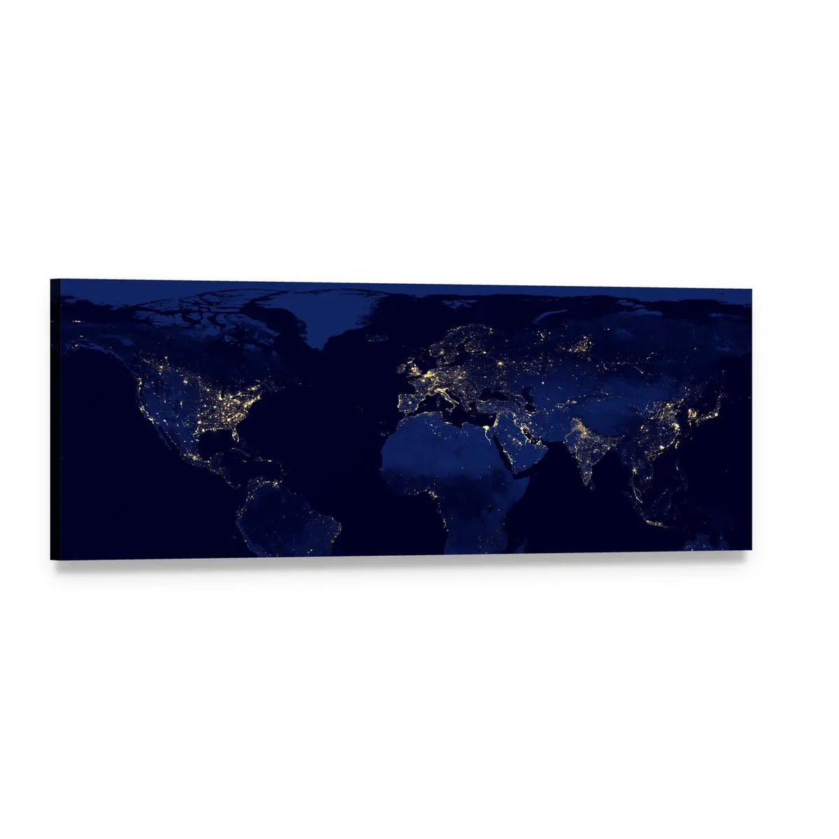 Earth at Night World Map Panoramic Canvas Wall Art, single panel gallery wrapped canvas, angled product view