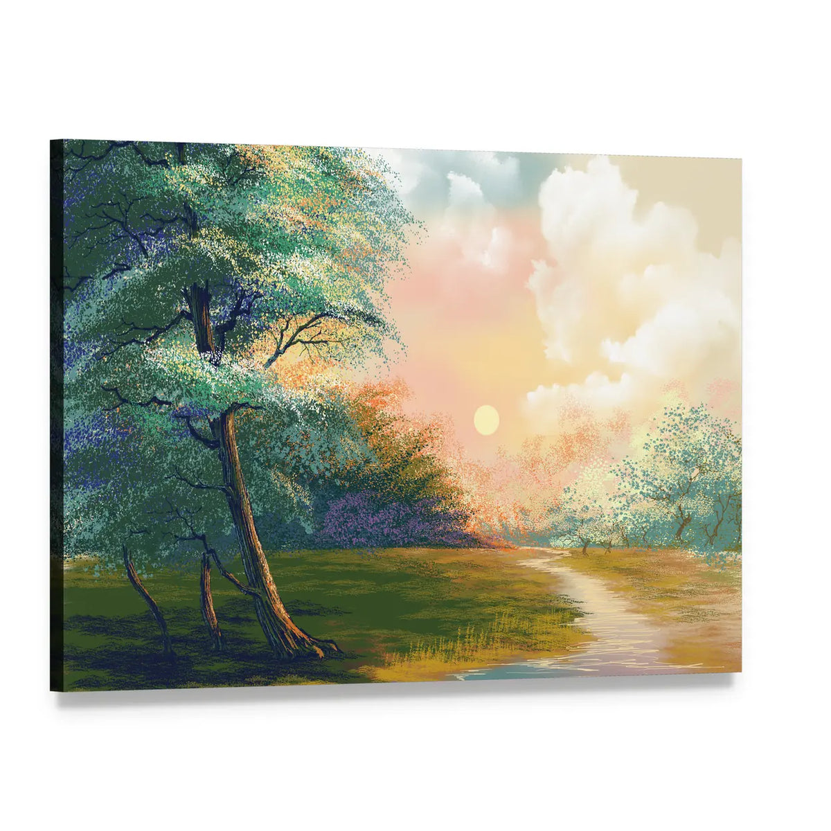 Winding River at Spring Sunset Canvas Wall Art, single panel gallery wrapped canvas, angled product view