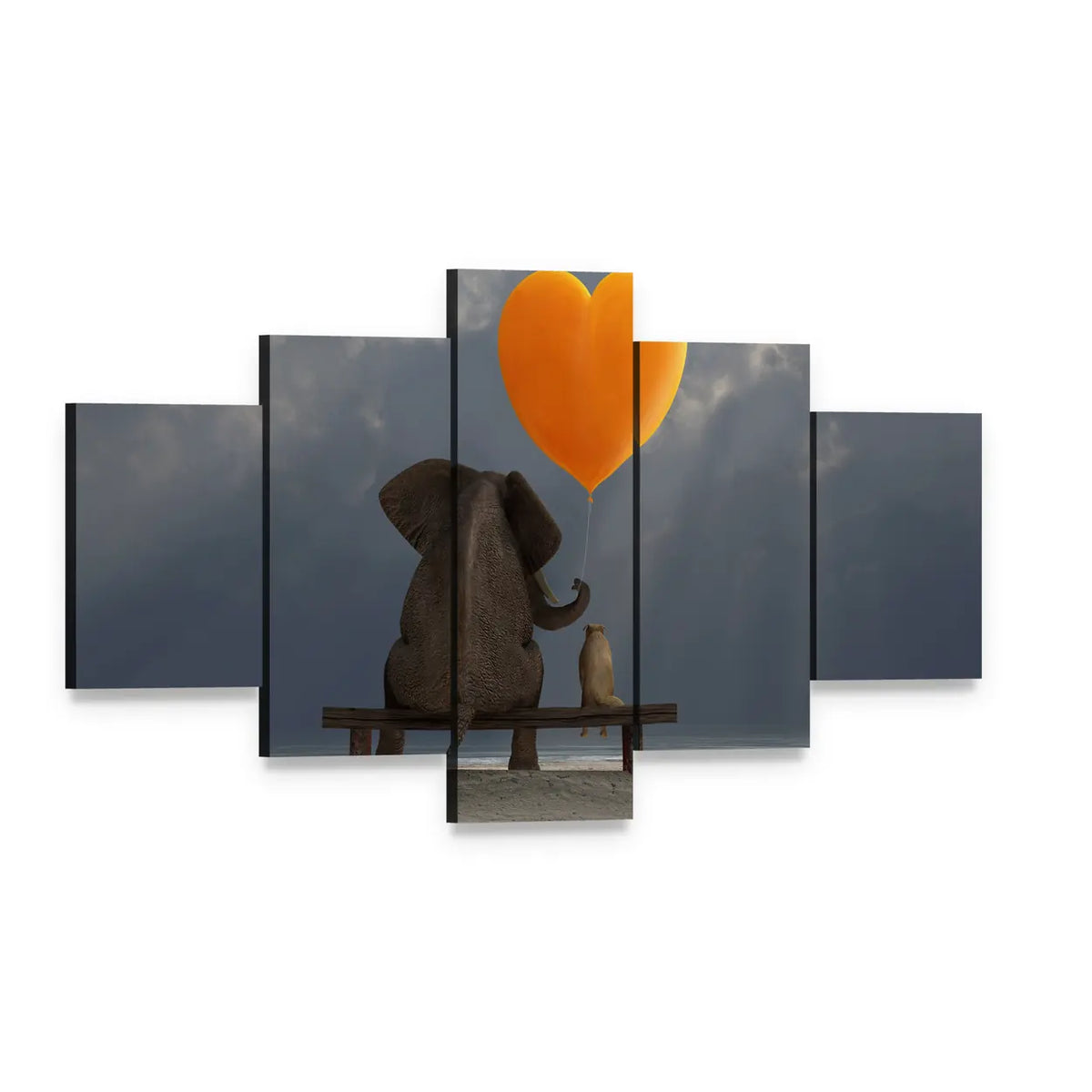 Elephant and Dog on Bench with Heart Balloon Canvas Wall Art, 5 panel 5 Star layout gallery wrapped canvas set, angled product view